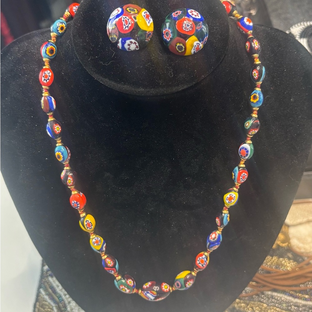 Vintage Murano Colorful Beaded Necklace and earrings set .